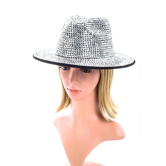 Metallic Silver Full Stone Bling Bling Silver Fedora - Picture 1 of 2